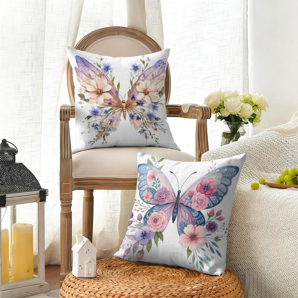 Watercolor butterflyflower Cushion Cover Natural Linen Organic Fabric DoubleSided Printing Sofa Home Decor Gift Pillow Cover