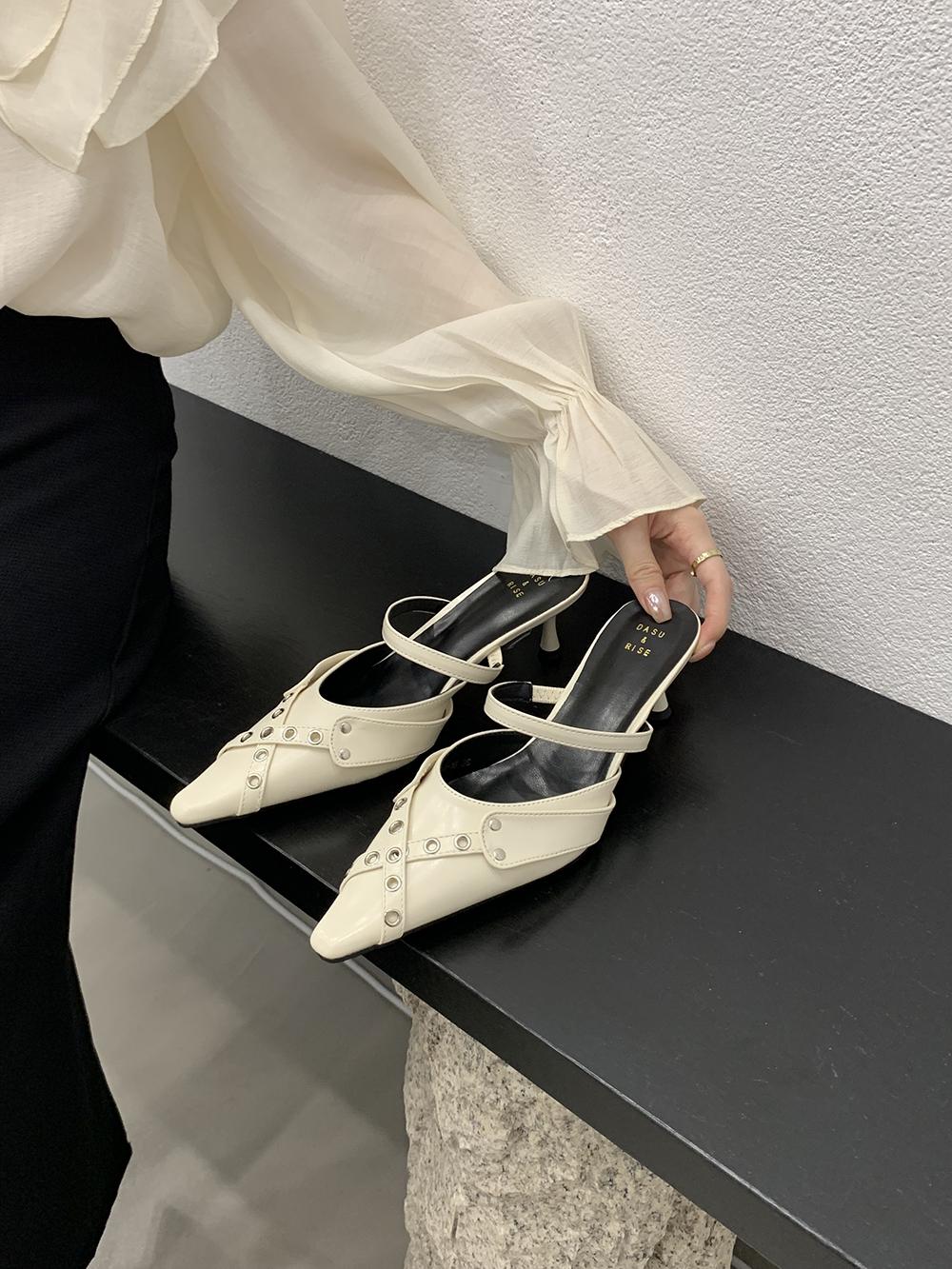 

мода остроносые женские шлепанцы тапочки заклепочный дизайн наружные мюли туфли тонкие высокие каблуки черные белые коричневые повседневные туфли женские 39 5.5 бежевый