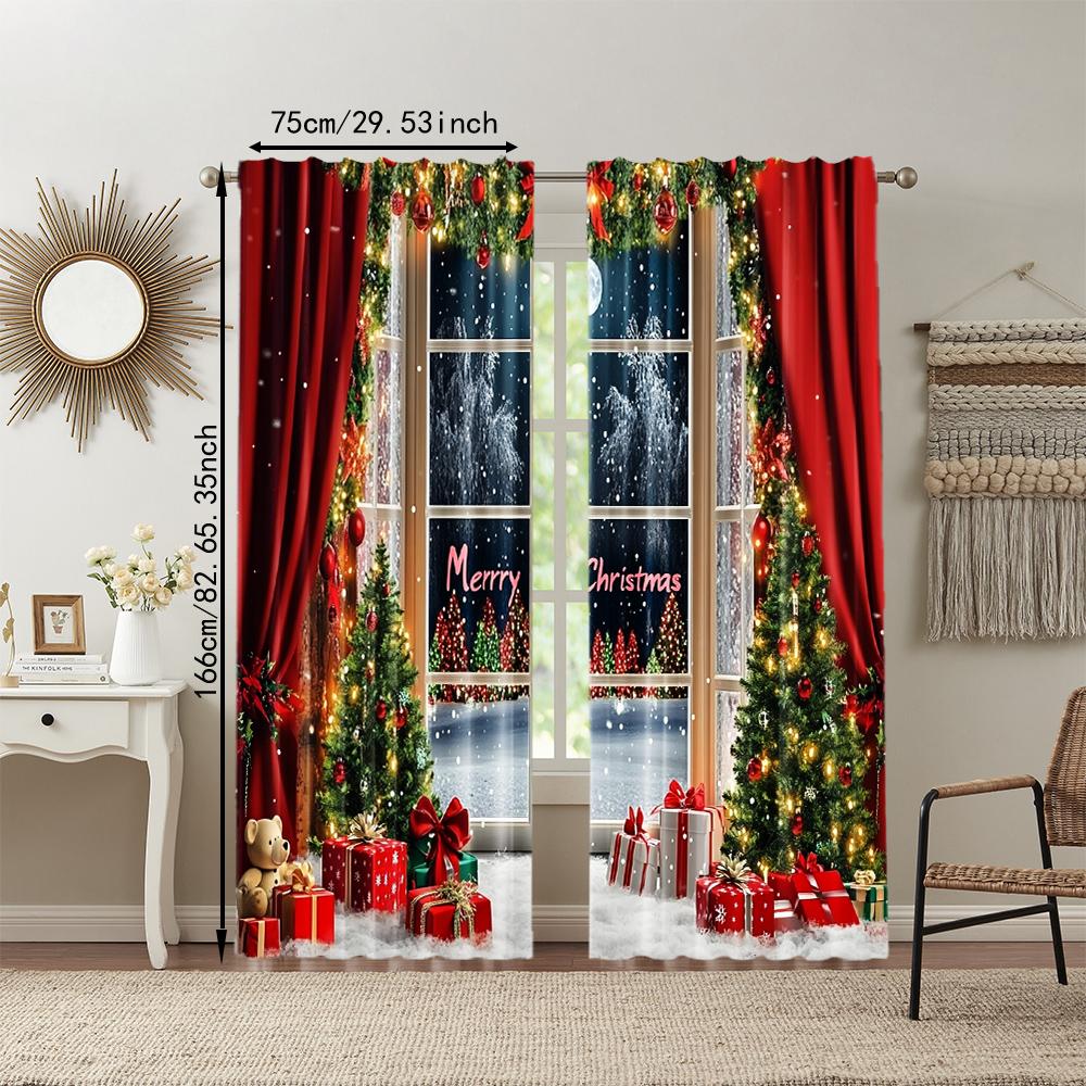 2Pcs Christmas Tree Printed Window Curtains Rod Pocket Design Machine Washable Window Drapes For Living Room And Bedroom Home