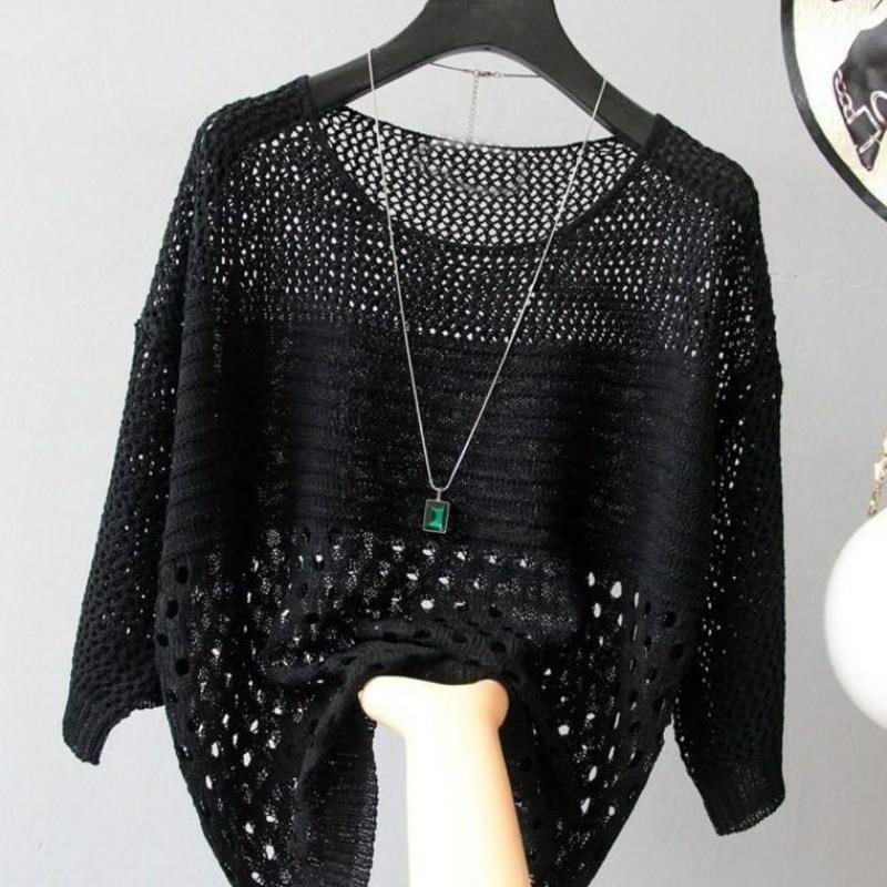 Plus Size Batwing Sleeve Summer Hollow Out Knitted Top Loose Fit Korean Style Women Blouse