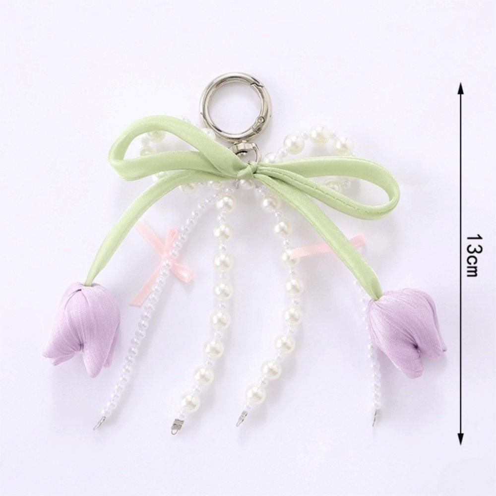 New Ribbon Pearl Tulip Ribbon Keychain Tulip DIY Mobile Phone Pendant Jewelry Style Pearl Bow Bag Accessories Mobile Phone Chain