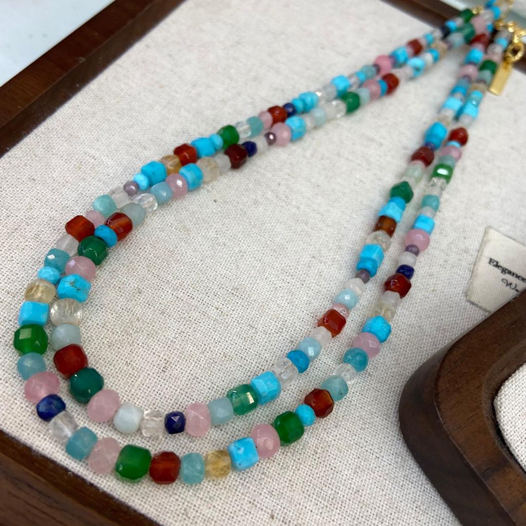 White Deer Same Dopamine Rainbow Natural Stone Beaded Necklace Women'S High-End Accessories High-End Light Luxury Necklace