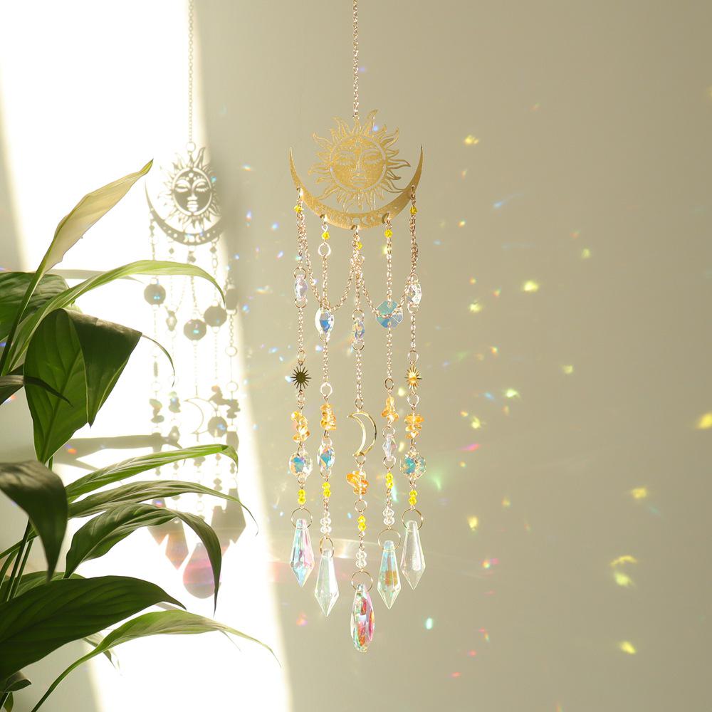 Round Geometric Sun & Moon Crystal Wind Chime Pendant Lamp