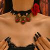 Vintage style dark red rose long fringed necklace goth black lace collarbone chain collar