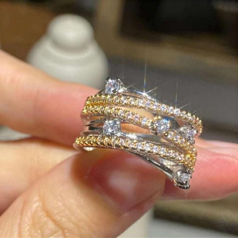 Huitan Lady Ring Gold Color/CopperColor Multi-layers Luxury Party Wedding Accessories Inlaid Sparkling CZ Daily Fashion Jewelry