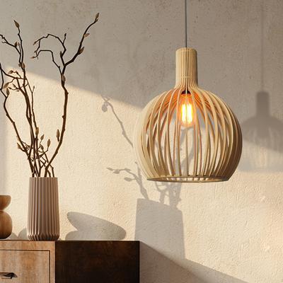 Wooden Bird Cage Pendant Lamp Nordic Ceiling Hanging Light Restaurant Chandelier Living Dining Room