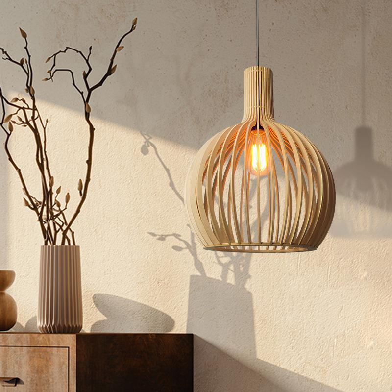 Pendant Lamp Kitchen Island Chandeliers Wood Bird Cage Lamp Wooden Hanging Light for Living Room Indoor Lustre Home Decoration