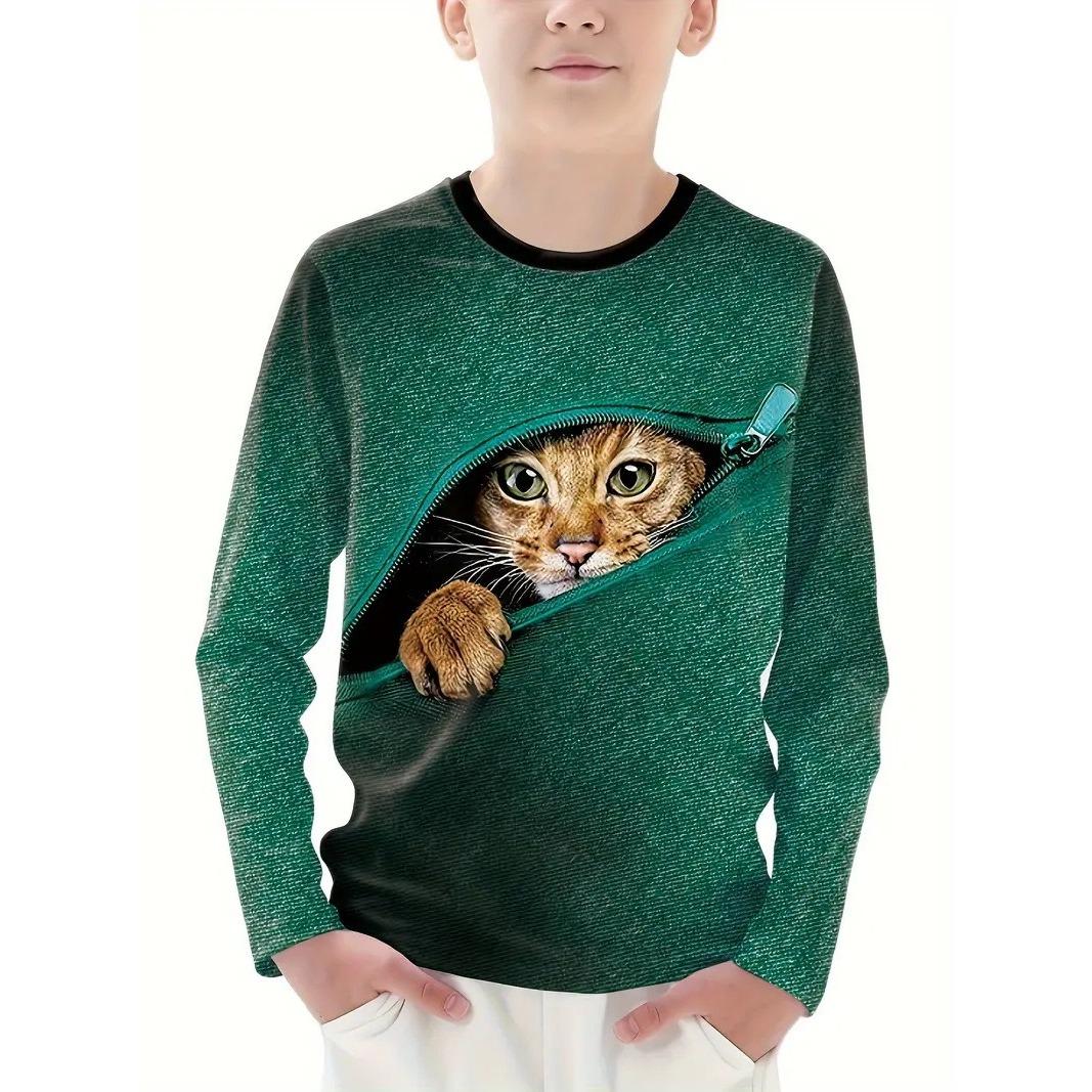 

Весенне-осенние футболки с круглым вырезом и 3D-принтом с животным узором, модные повседневные детские футболки с длинным рукавом для мальчиков 160