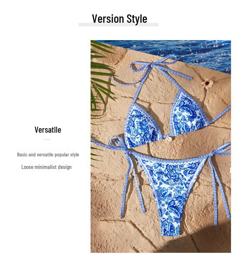 European & American Blue & White Porcelain Print Bikini - Lace-up, Sexy, Split Swimsuit for Women