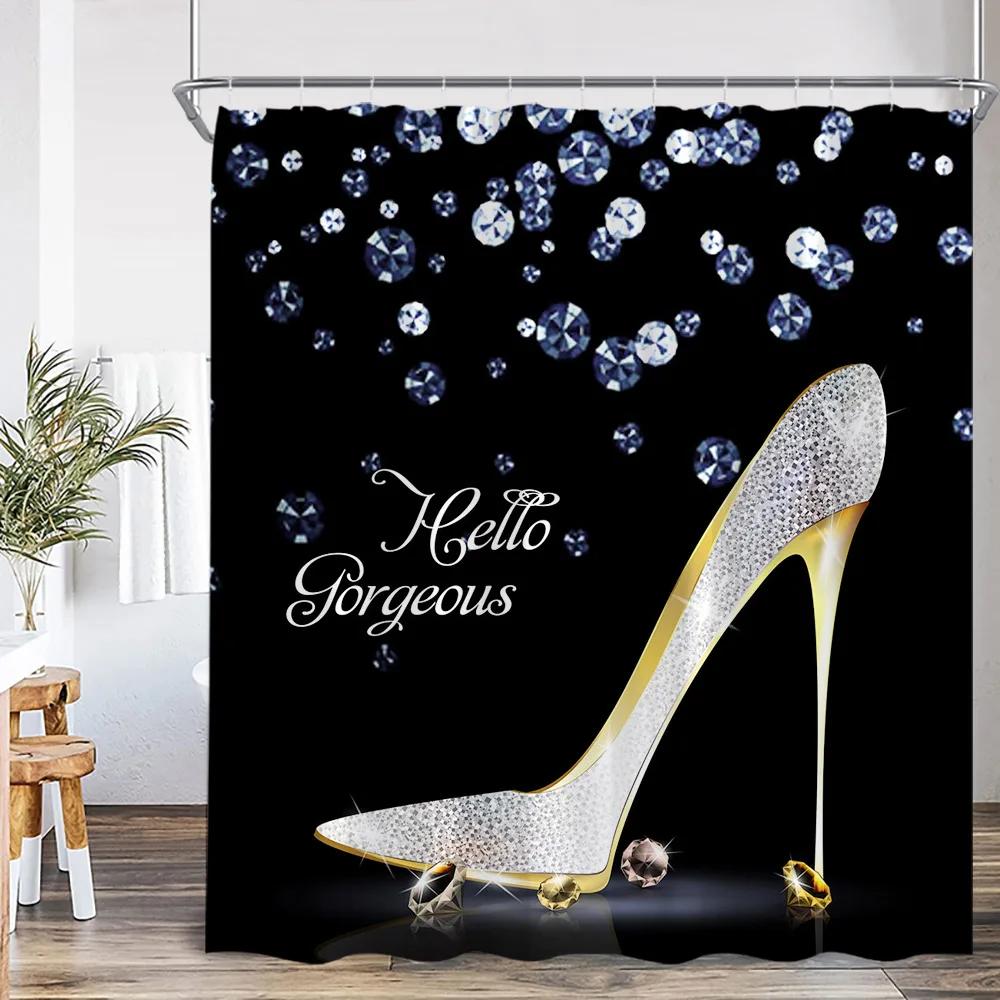 Rote High Heels Duschvorhänge Kosmetik Rote Lippen Rosa Badezimmerdekorationen Modernes Mode-Mädchen Schönheit Badevorhang mit Haken