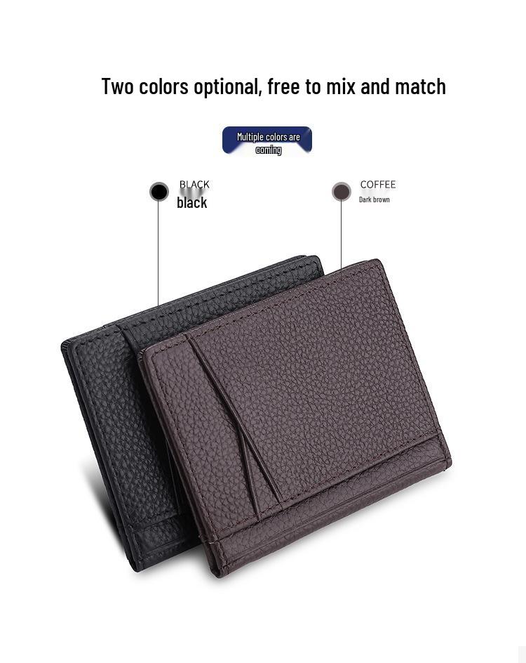 Ultra-Thin Genuine Leather Bifold Wallet with Multiple Card Slots & Litchi Grain