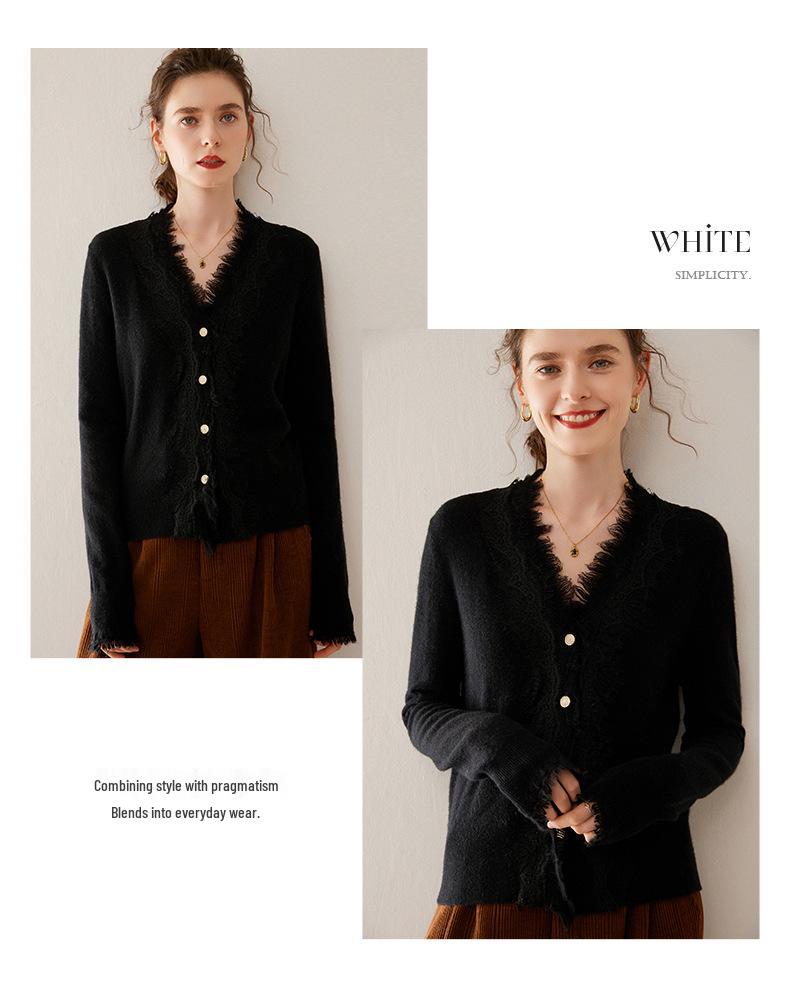 Women's V-Neck Cashmere Cardigan - Autumn/Winter Lace Button-Up Sweater Inner Wear