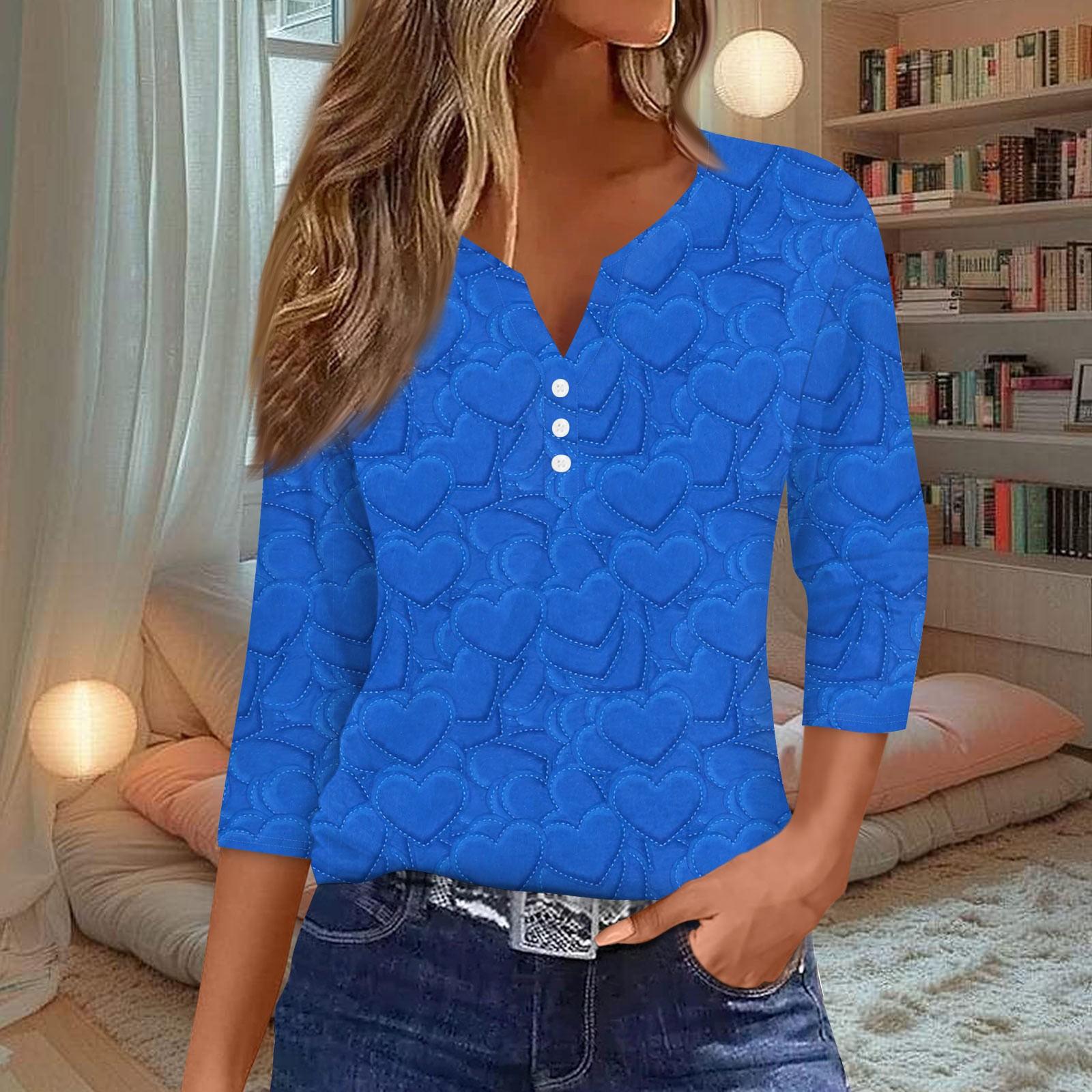 

Женская мода Повседневная полосатая футболка с v-образным вырезом и декоративными пуговицами с рукавом три четверти Топ L синий