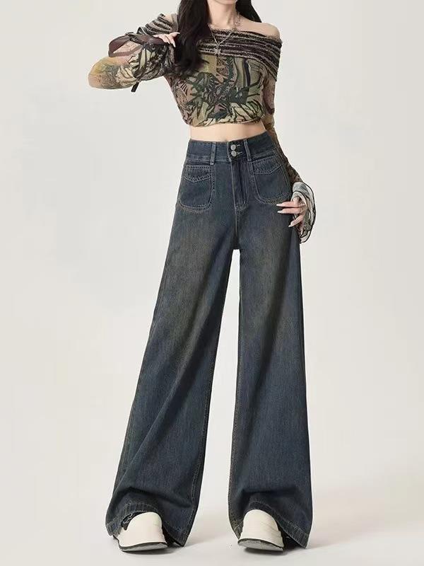 

Spring & Autumn 2026 Plus Size Retro Denim Wide-Leg Pants for Women - Casual Loose, Floor-Length. XXL