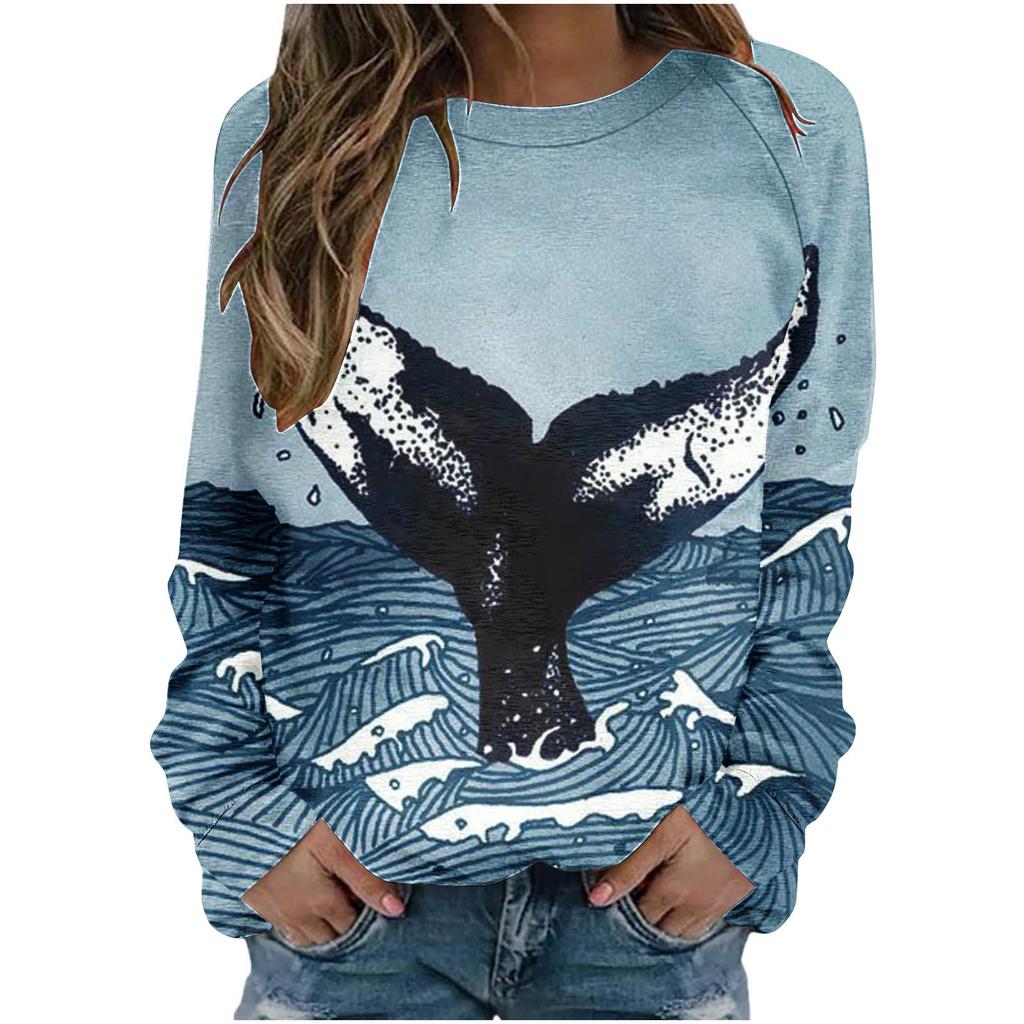Autumn Round Neck Blue Women's T-shirt Loose Fitting Pullover Long Sleeved Whale 3D Printed Sweatshirt