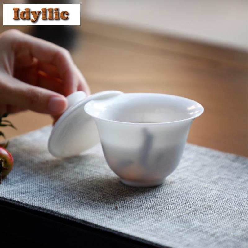 150ml Mutton Fat Jade Gaiwan Luxury Tea Bowl Not Hot Tea Tureen Tea Bowl With Lid Kit Tea Brewing Cover Bowl Tea Ceremony Gift