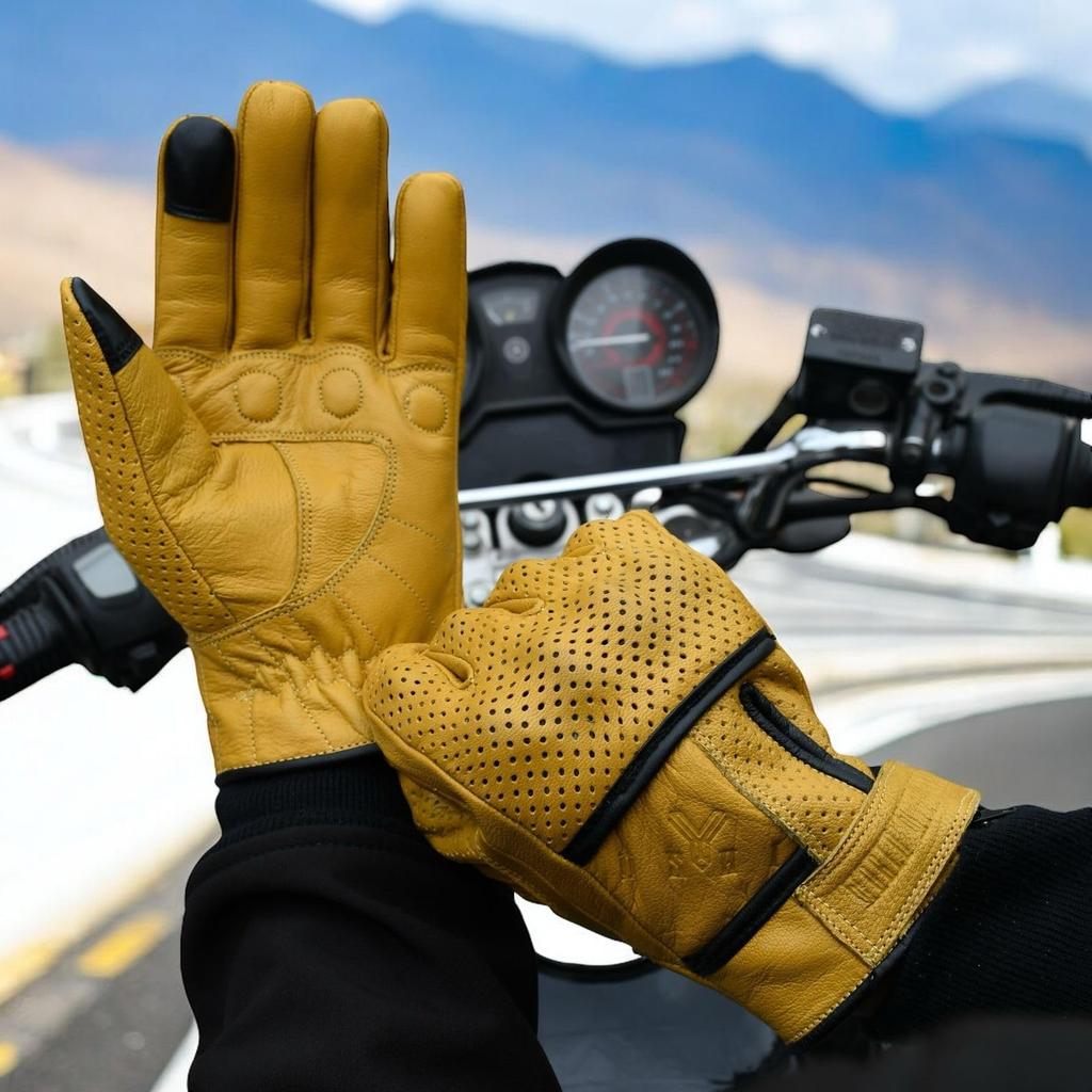 Genuine Leather Motorcycle with Goat Motorcycle Perforated Leather Gloves, Perforated, Breathable, Protectors, Leather, Gloves, (Yellow, LL)