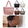 Women Girls Winter Shoulder Bag Zipper Closure Plain Check Bag Gloss Surface Padding Tote Bag Basic Style for Shopping Traveling