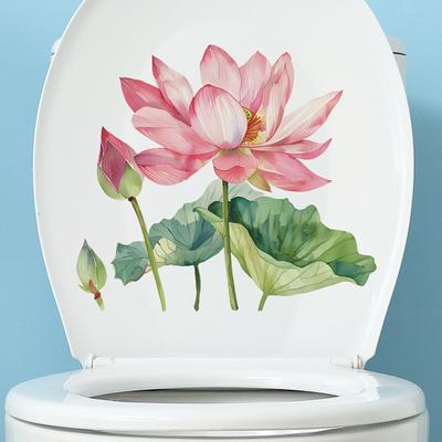 Summer Lotus Flower Toilet Sticker Removable Self-adhesive Waterproof PVC Living Room Bathroom Wall Art Floral Toilet Lid Decoration Decal