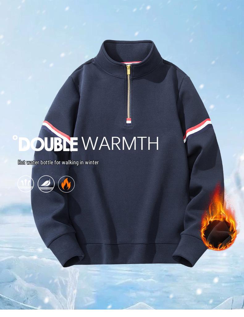 Męska bluza z kapturem w stylu retro, z zamkiem do połowy, z pluszem, gruba, nowość na 2024, luźny krój, kołnierz stojący, idealna na wiosnę, jesień, zimę.