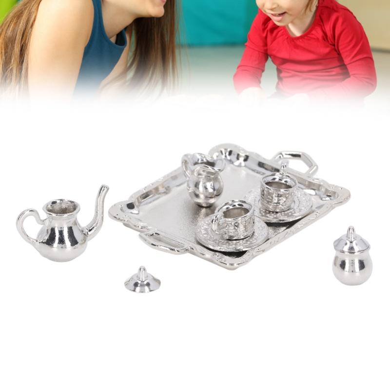 Mini Tea Set Metal 1/12 Scaled Simulation Lifelike Miniature Tea Cup Tray Kit For Dollhouse