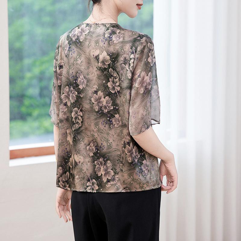 Silk Printed Shirt Women's Summer Silk Shirt Temperament Medium Sleeve Mulberry Silk Short Sleeve Top