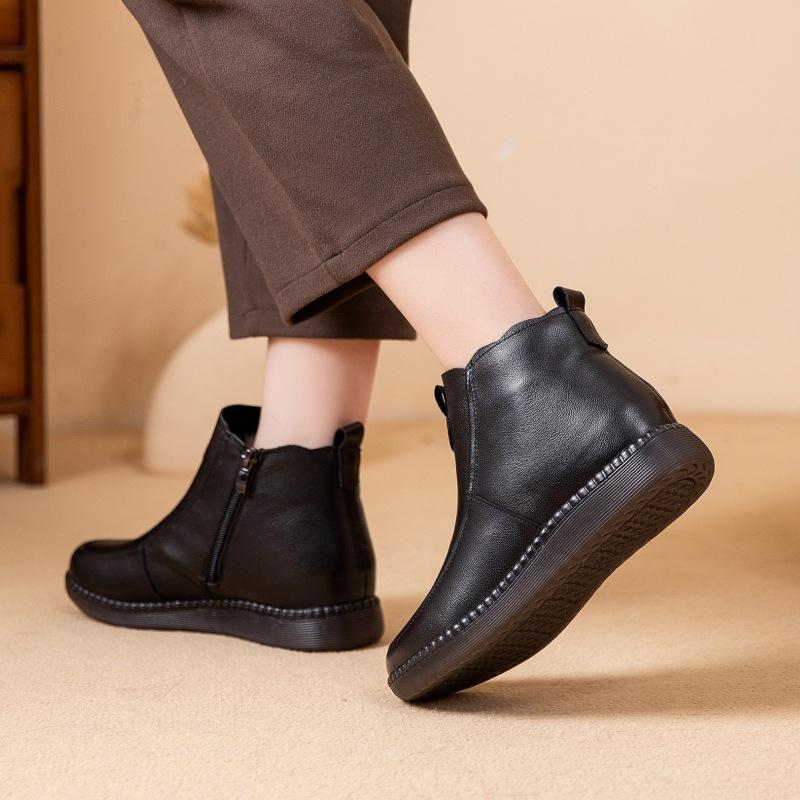 2025 Vinter Ekte Skinn Sko Kvinner Snøstøvler Helt Svart Varm Plysj Britisk Stil Merke Damer Chelsea Boots