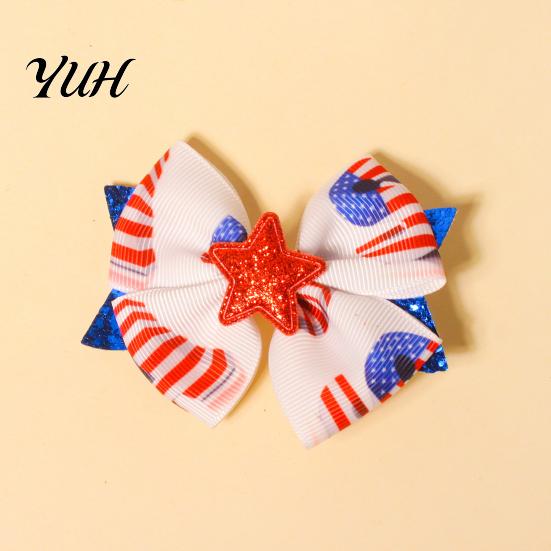 Holiday Photo Props Independence Day Bow Hair Clip for Girls, Red Blue White Glitter Hairpin, Double Layer Cute Styling Clips with Sequins Star,