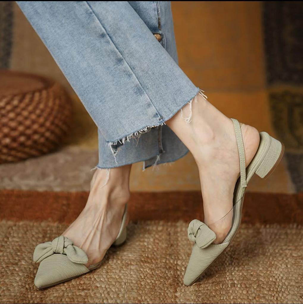 Women's Temperament Sandal 2024 Summer New Fashion Elegant Black Pointed Thick Heel Anti-Slip Comfort Butterfly Knot Women Shoes