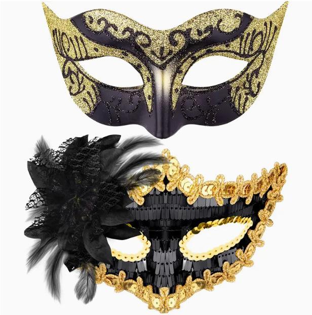 Venetian Painted Phantom Mask Halloween Carnival Party Jazz Half Face Mask Curved Horn Gold Glitter Decor Unisex