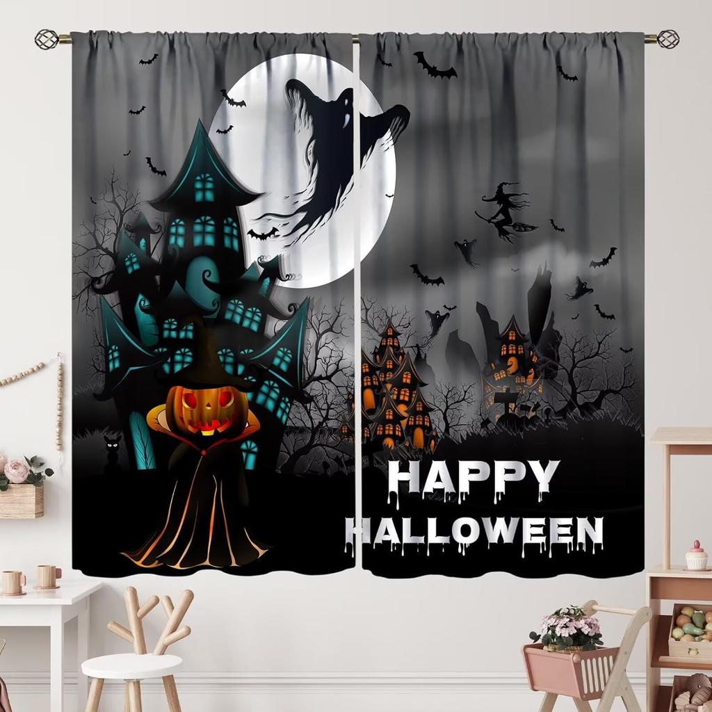 Halloween Curtains Horror Spooky Drapes Haunted House Mansion Curtain Bedroom Living Room Decor Made Of Polyester With Rod Pocket Great