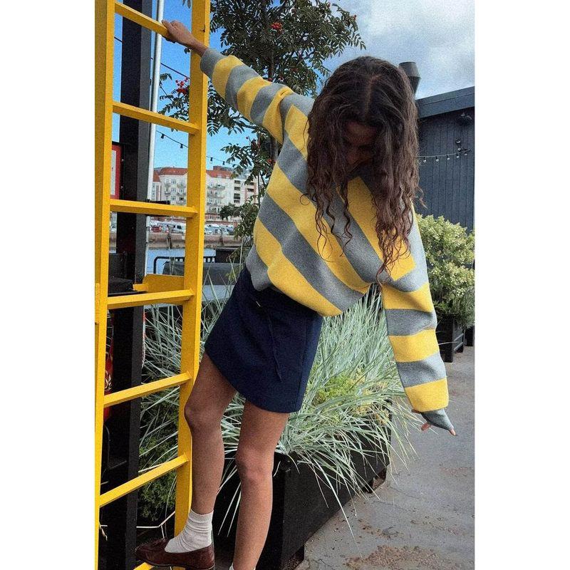 Za New Fall Women's Clothing 2025 Fashion Wind Fashion Loose Polo Collar Stripes Knitwear Sweater 553616