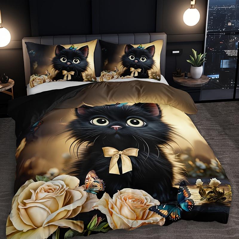 Charming Cat & Yelow Rose Beding Set Breathable Polyester Al-Season Comfort Machine Washable Ideal for Home or Dorm Decor