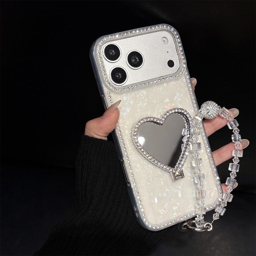 Wrist Strap Love Heart Mirror Diamond Bling Holder Phone Case for IPhone 17 16 15 Plus 14 13 12 11 Pro Max Protective Cover