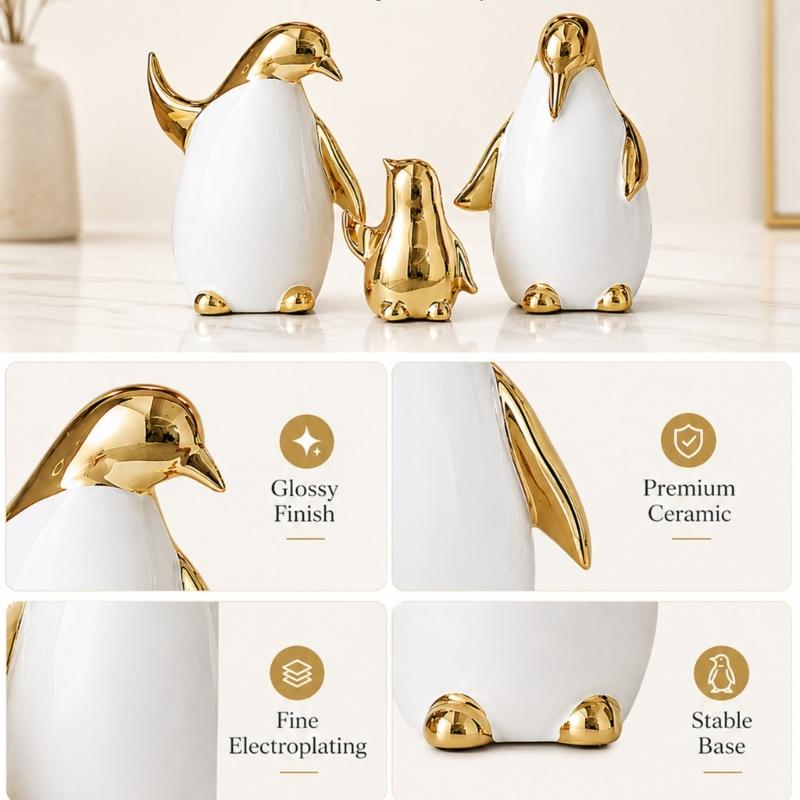 Elegant Ceramic Penguins Family Ornament 3Pcs Animal Sculpture Set Modern Home Office Decors