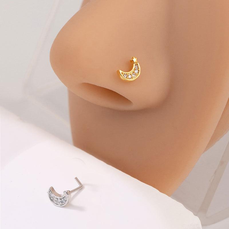 Wind L Rod, Star And Moon Puncture Nose Stud, Simple Copper Micro-Inlaid Zircon Nose Ring, Men'S And Women'S Personality Trendy Cool Nose Decoration