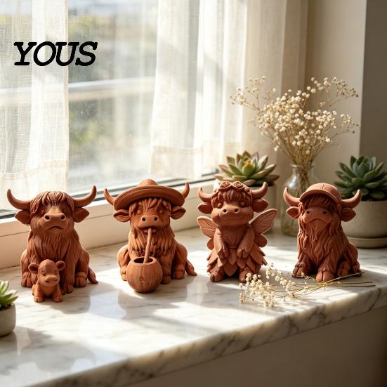 3D Printed Cow Sculpture Rustic Highland Ornament, Terracotta Color Statue, Modern Home Accessory Cute Figurine for Desk Shelf Farmhouse