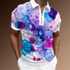 Futuristic Lion Print Short Sleeve Zip Polo, Stylish Casual Top