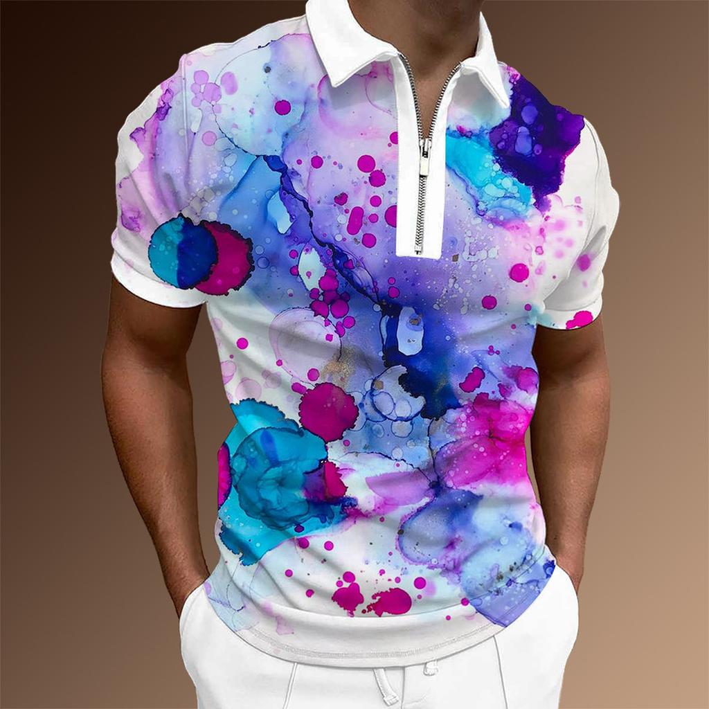 Futuristic Lion Print Short Sleeve Zip Polo, Stylish Casual Top