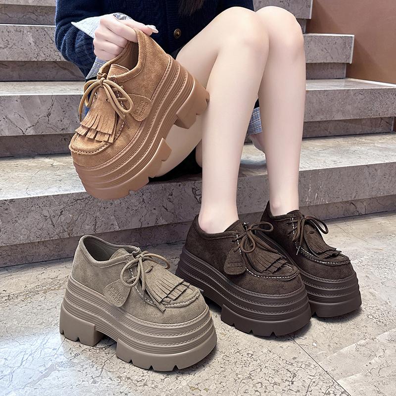 Fashion 10CM Women‘s Casual Loafers Suede Leather Pumps Tassel Design Monk Shoes Autumn Slip-On High Heels Comfortable Chunky Sneakers