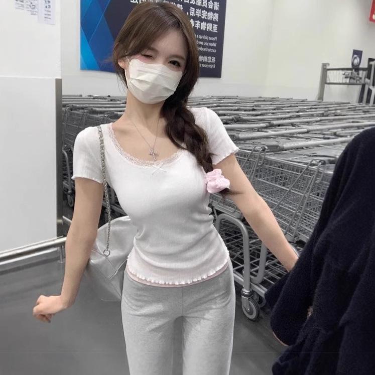 White Lace Slimming Women's Summer Short Sleeve Top