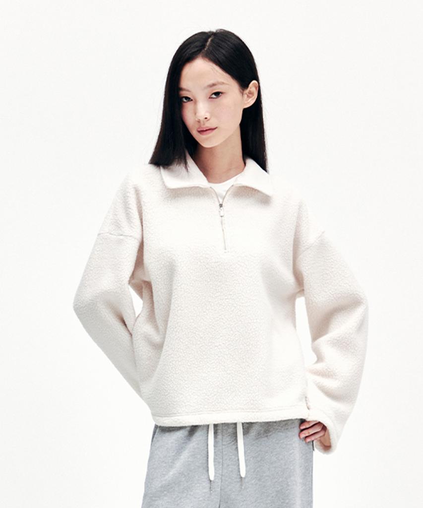 YOUHEE Boucle Half Neck Zip-Up Sweatshirts Ivory