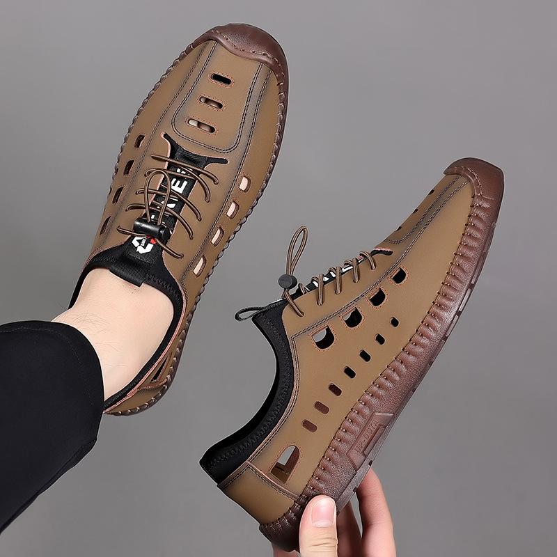 2025 summer cool leather shoes men's hollow sandals hand-stitched soft sole soft surface breathable casual hole shoes