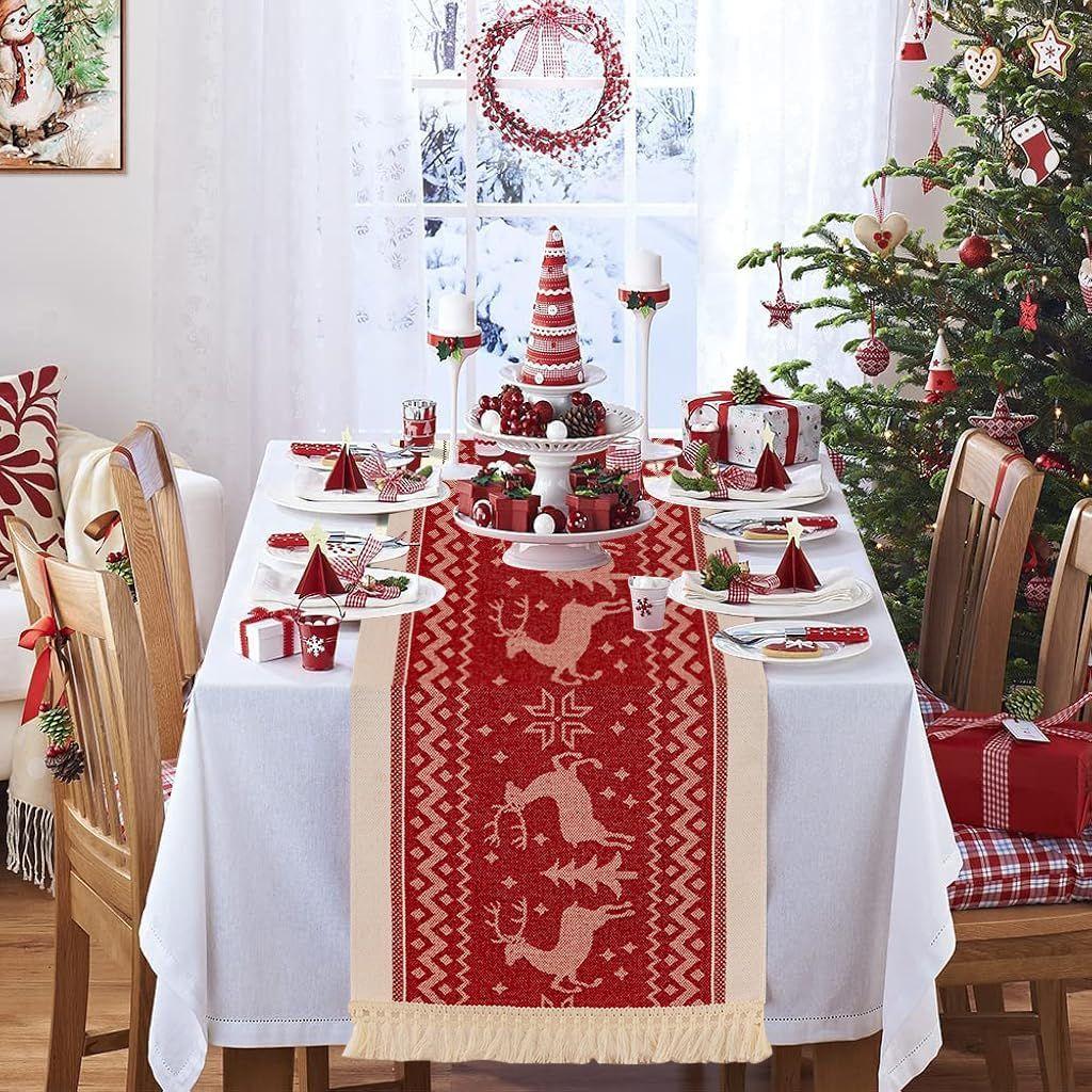 Christmas Table Runner, 13.7x70.8 Inch Elk Tree Xmas Table Holiday Decorations, Winter Kitchen Dining Table Decoration for Indoor Outdoor Christmas