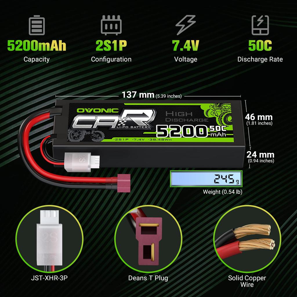 OVONIC 7.4V LiPo 5200mAh 2S 50C Lithium Polymer Battery with Deans T Connector for Various RC Cars, CE, MSDS, UN38.3, RoHS, ISO9001, ISO14001 (Set of