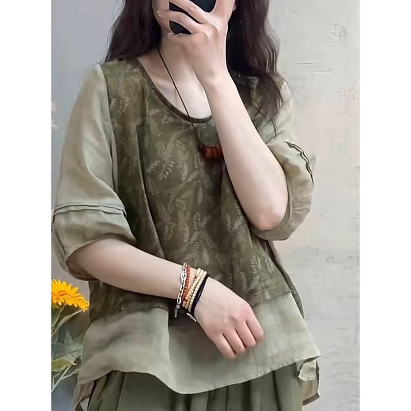 Modisches Baumwoll-Leinen-Set für Damen, Sommer-Print, Patchwork, Fake-Zweiteiler, Oberteil, Harlan-Hose, schlankmachendes Zweiteiler