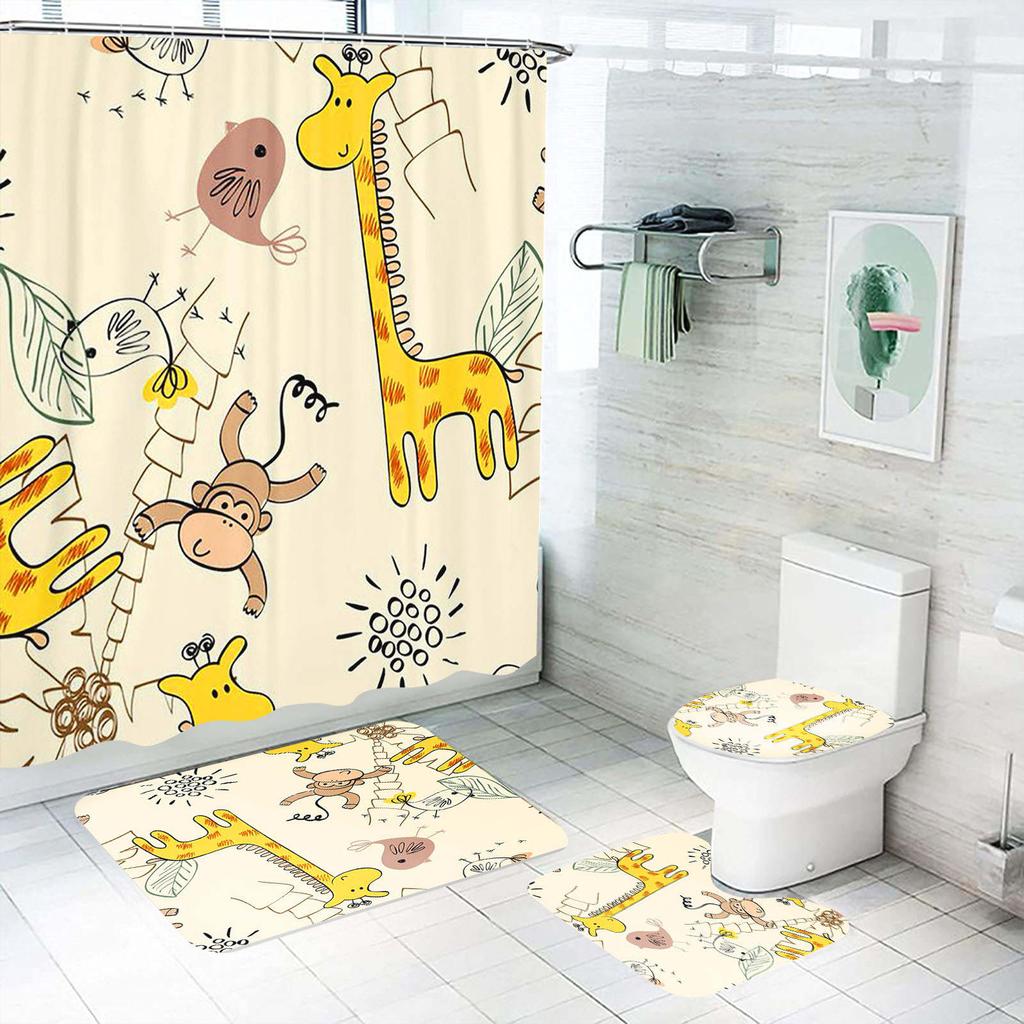 Cartoon Deer Animal Giraffe Shower Curtain Bath 4 Pcs Set Cute Luxury Accessories Sets Full Mats Gifts for Boys Girls