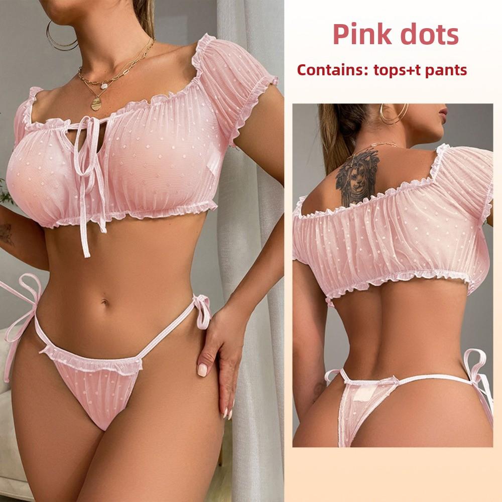 Summer Sexy Underwear Chest-wrapped Panties Set One-word Shoulder Straps Pajamas Women's Polka Dot Mesh Yarn