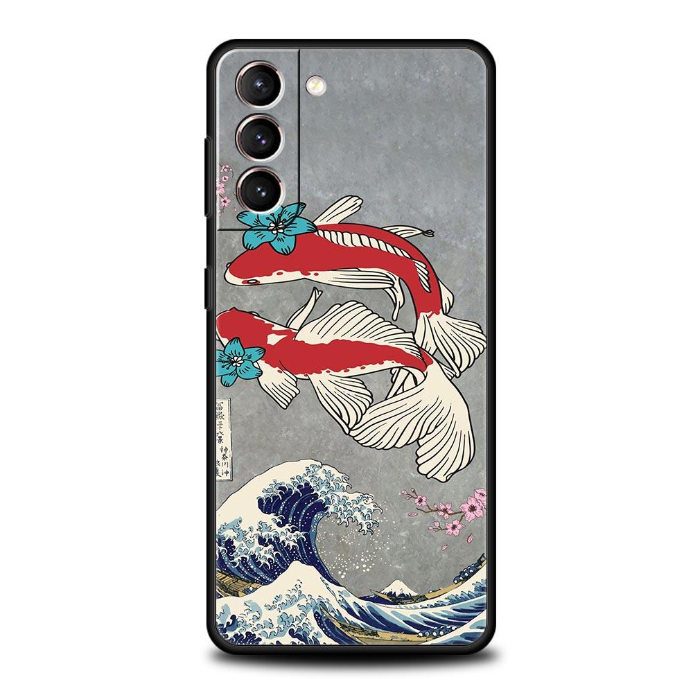Koi Fish Case For Samsung Galaxy S22 Ultra S21 S20 FE 5G S10 S9 S24 Plus S10E S23 Phone Cover Black Silicone Shell