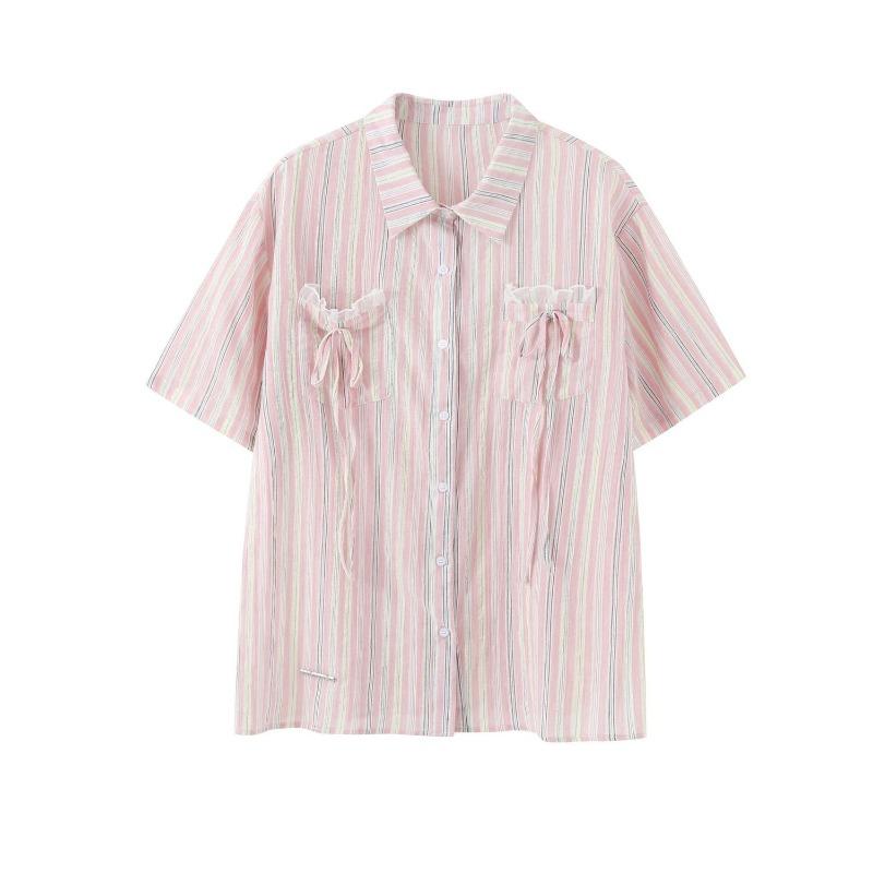 

Рубашки женские в розовую полоску, летние топы с короткими рукавами и двойными карманами, милые свободные универсальные блузки для девочек XXL розовый